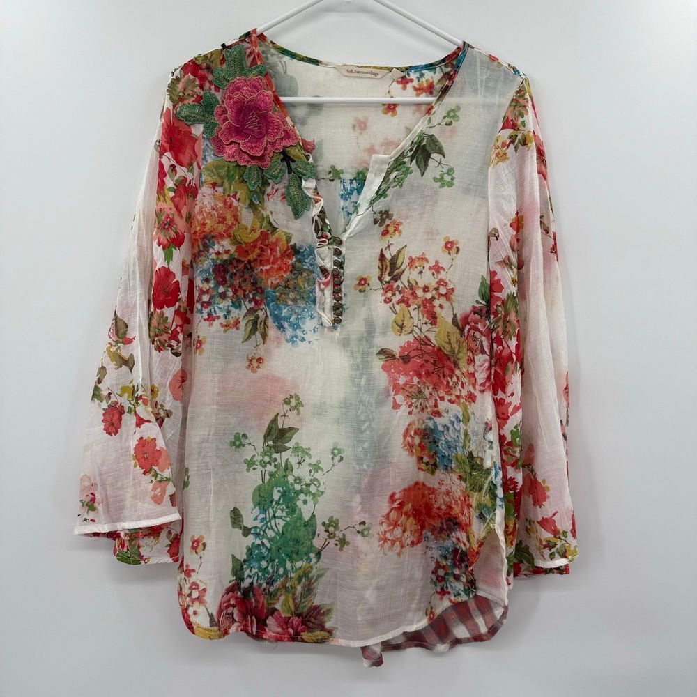 SOFT SURROUNDINGS Tunic‎ Top Floral Color Full sheer embroidered Size xs